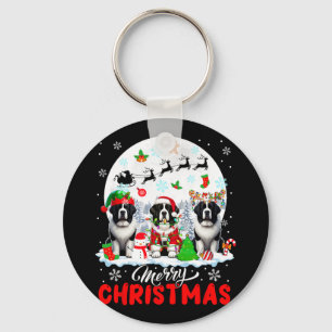 Merry Christmas Three Santa Elf Reindeer Landseers Keychain
