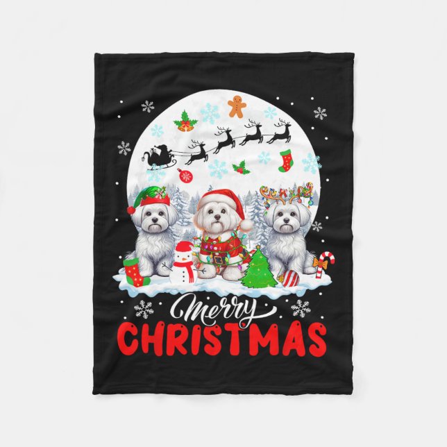 Merry Christmas Three Santa Elf Reindeer Malteses  Fleece Blanket (Front)