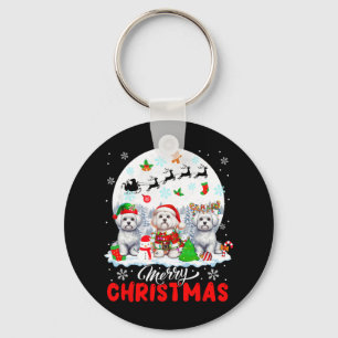 Merry Christmas Three Santa Elf Reindeer Malteses Keychain