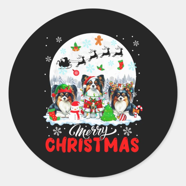 Merry Christmas Three Santa Elf Reindeer Papillons Classic Round Sticker (Front)