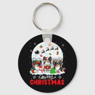 Merry Christmas Three Santa Elf Reindeer Papillons Keychain