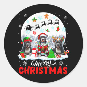Merry Christmas Three Santa Elf Reindeer Pit Bulls Classic Round Sticker