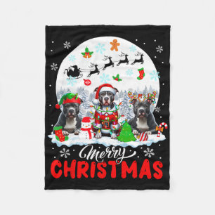Merry Christmas Three Santa Elf Reindeer Pit Bulls Fleece Blanket