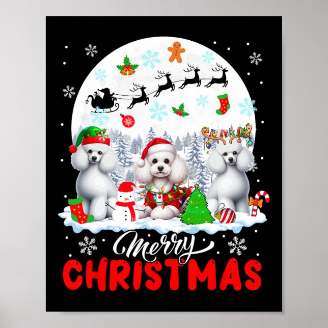 Merry Christmas Three Santa Elf Reindeer Poodles O Poster (Front)