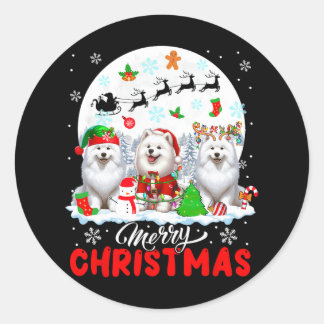 Merry Christmas Three Santa Elf Reindeer Samoyeds Classic Round Sticker