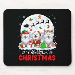 Merry Christmas Three Santa Elf Reindeer Samoyeds  Mouse Pad