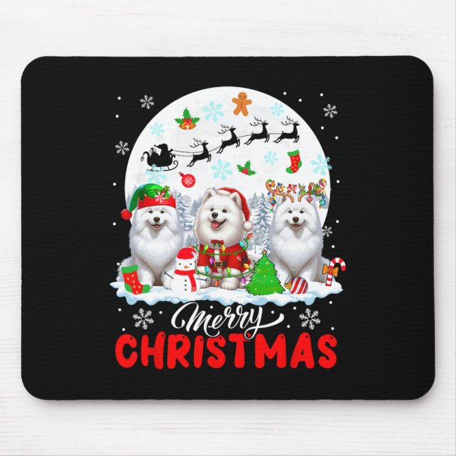 Merry Christmas Three Santa Elf Reindeer Samoyeds  Mouse Pad (Front)
