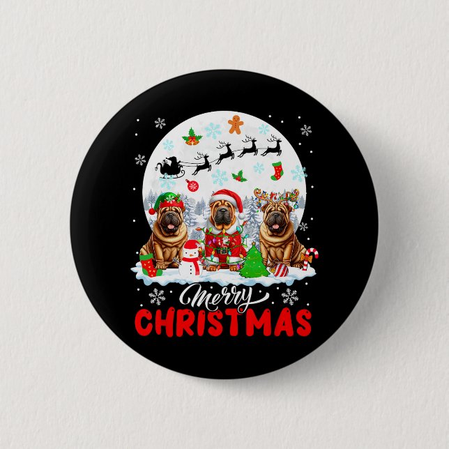 Merry Christmas Three Santa Elf Reindeer Shar Peis 2 Inch Round Button (Front)