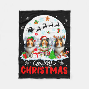 Merry Christmas Three Santa Elf Reindeer Shetland Fleece Blanket