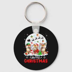 Merry Christmas Three Santa Elf Reindeer Shiba Inu Keychain