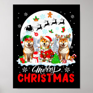 Merry Christmas Three Santa Elf Reindeer Shiba Inu Poster