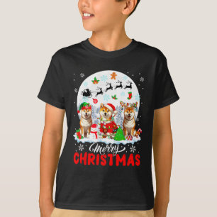 Merry Christmas Three Santa Elf Reindeer Shiba Inu T-Shirt