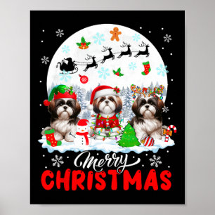 Merry Christmas Three Santa Elf Reindeer Shih Tzus Poster