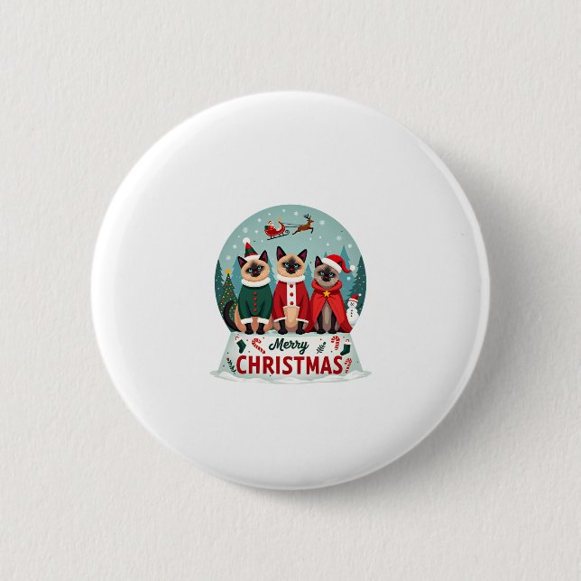 Merry Christmas Three Santa Elf Reindeer Siamese C 2 Inch Round Button (Front)