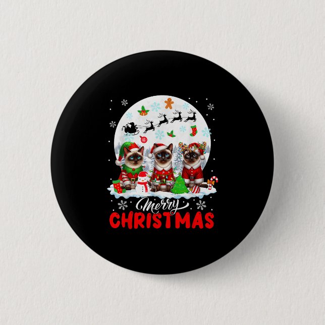 Merry Christmas Three Santa Elf Reindeer Siamese C 2 Inch Round Button (Front)