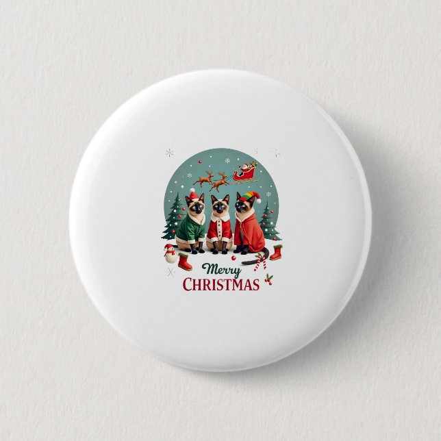 Merry Christmas Three Santa Elf Reindeer Siamese C 2 Inch Round Button (Front)