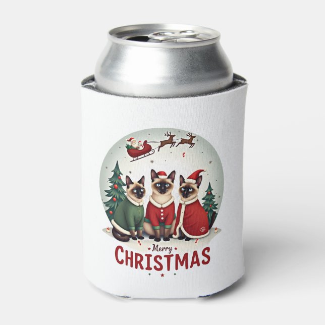 Merry Christmas Three Santa Elf Reindeer Siamese C Can Cooler (Can Front)