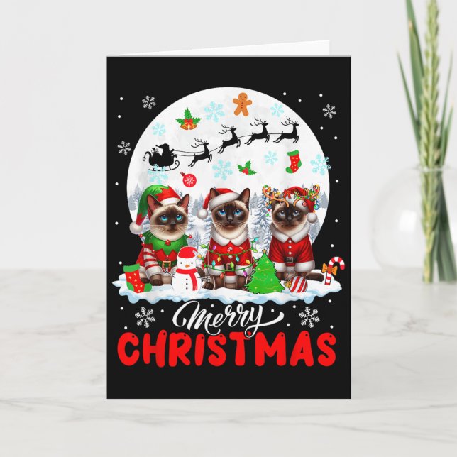 Merry Christmas Three Santa Elf Reindeer Siamese C Card (Front)