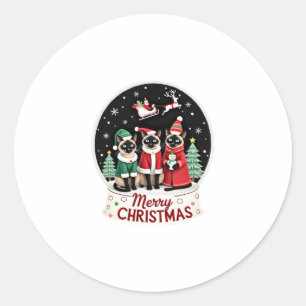 Merry Christmas Three Santa Elf Reindeer Siamese C Classic Round Sticker