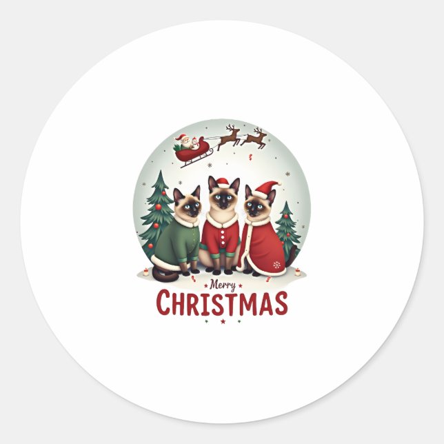 Merry Christmas Three Santa Elf Reindeer Siamese C Classic Round Sticker (Front)