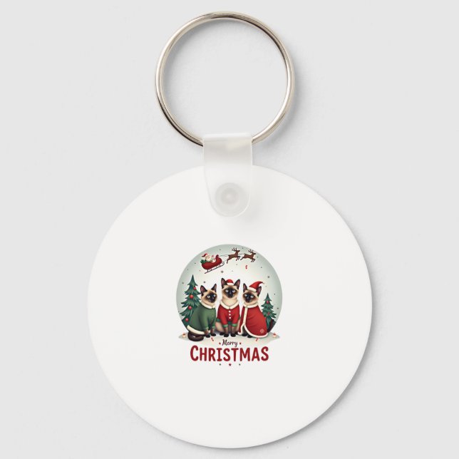 Merry Christmas Three Santa Elf Reindeer Siamese C Keychain (Front)