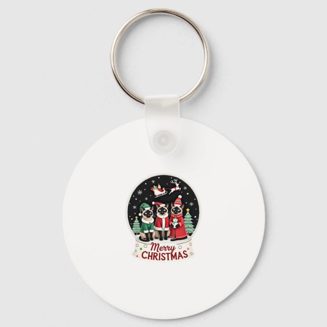 Merry Christmas Three Santa Elf Reindeer Siamese C Keychain (Front)