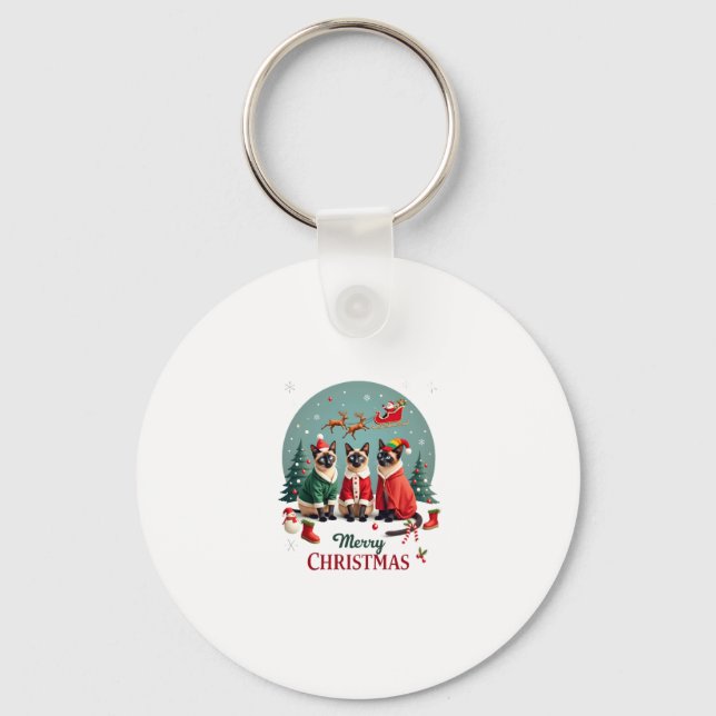 Merry Christmas Three Santa Elf Reindeer Siamese C Keychain (Front)