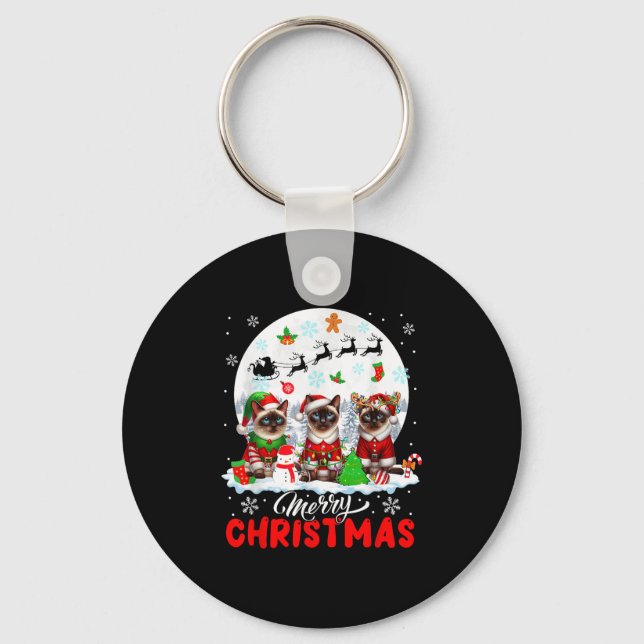 Merry Christmas Three Santa Elf Reindeer Siamese C Keychain (Front)