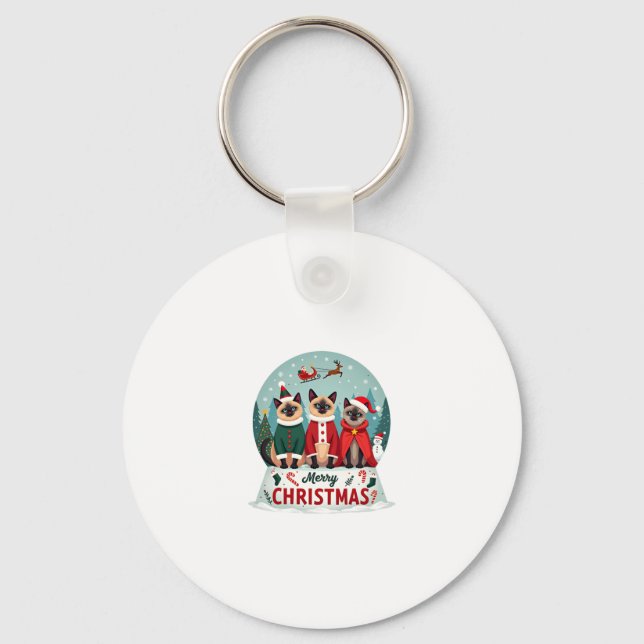 Merry Christmas Three Santa Elf Reindeer Siamese C Keychain (Front)