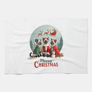 Merry Christmas Three Santa Elf Reindeer Siamese C Kitchen Towel