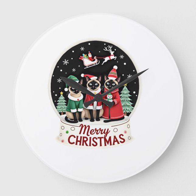 Merry Christmas Three Santa Elf Reindeer Siamese C Large Clock (Front)