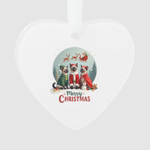Merry Christmas Three Santa Elf Reindeer Siamese C Ornament
