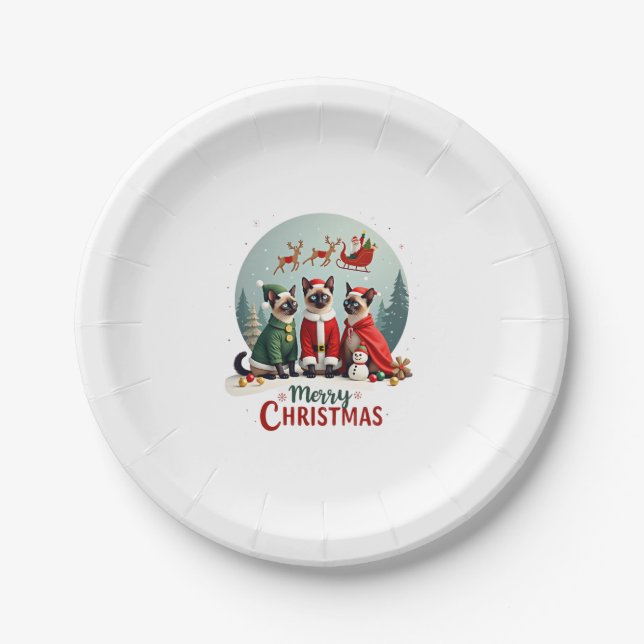 Merry Christmas Three Santa Elf Reindeer Siamese C Paper Plate (Front)
