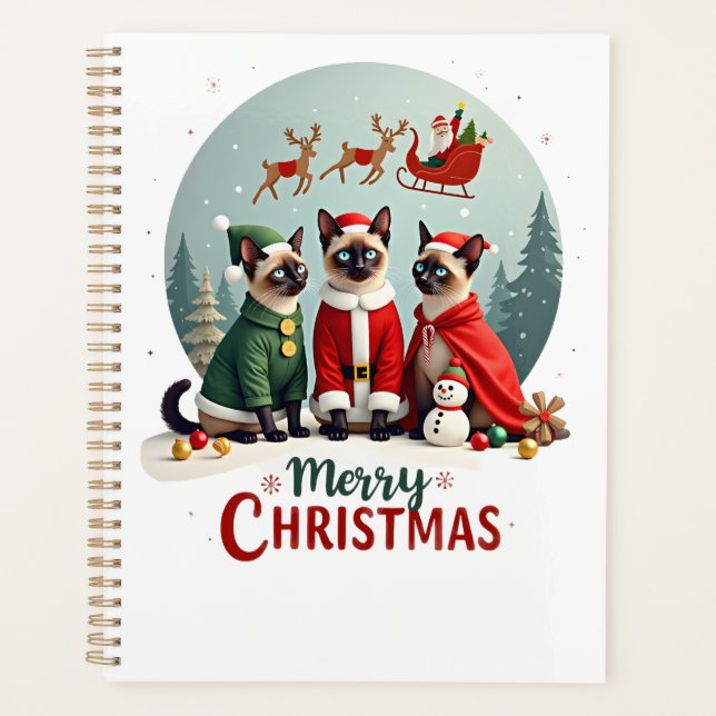 Merry Christmas Three Santa Elf Reindeer Siamese C Planner (Front)