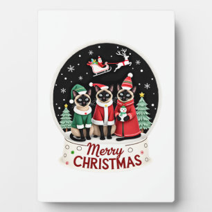 Merry Christmas Three Santa Elf Reindeer Siamese C Plaque