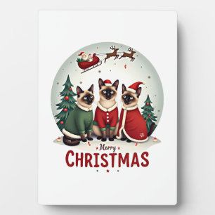 Merry Christmas Three Santa Elf Reindeer Siamese C Plaque