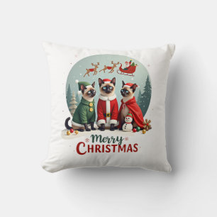 Merry Christmas Three Santa Elf Reindeer Siamese C Throw Pillow