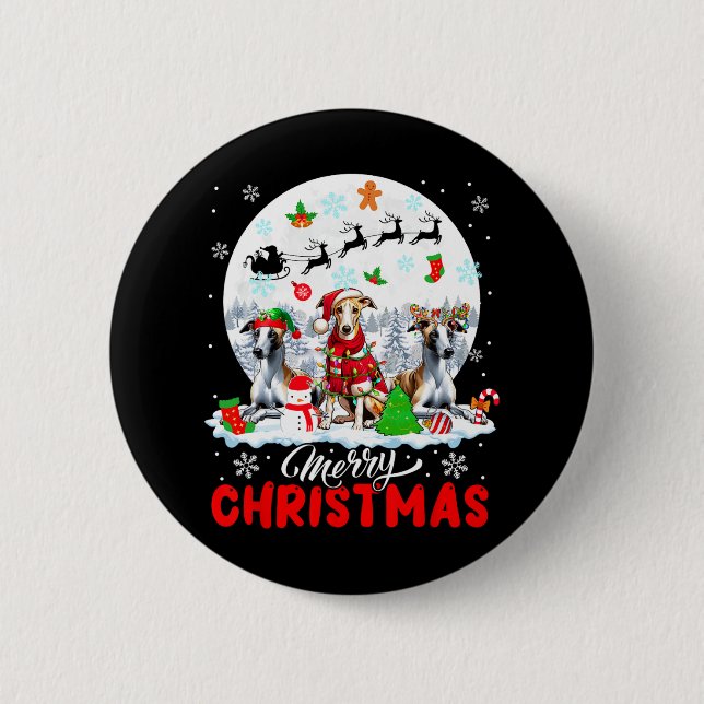 Merry Christmas Three Santa Elf Reindeer Whippets  2 Inch Round Button (Front)