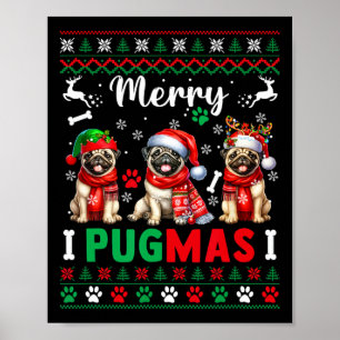 Merry Christmas Three Santa Pugs Colourful Sweater Poster