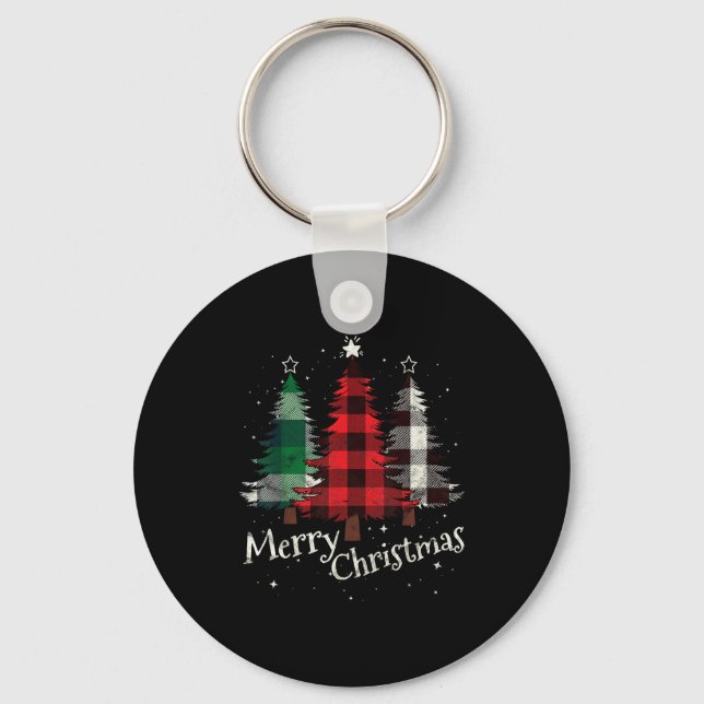 Merry Christmas Three Xmas Trees Buffalo Plaid Wom Keychain (Front)