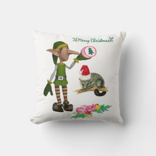 Merry Christmas Throw Pillow, Elf Possum Throw Pillow