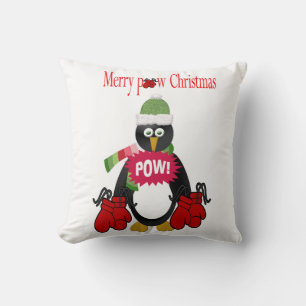 Merry Christmas Throw Pillow, Penguin Boxing Pow  Pillow
