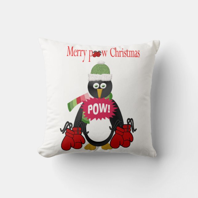 Merry Christmas Throw Pillow, Penguin Boxing Pow  Throw Pillow (Front)