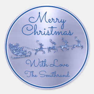 Merry Christmas To From Blue Santa Reindeer Sleigt Classic Round Sticker