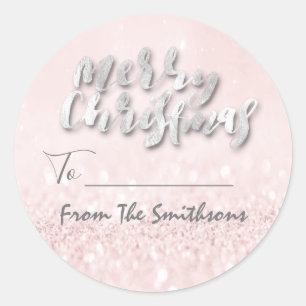Merry Christmas To..From Family Name Holidays Pink Classic Round Sticker