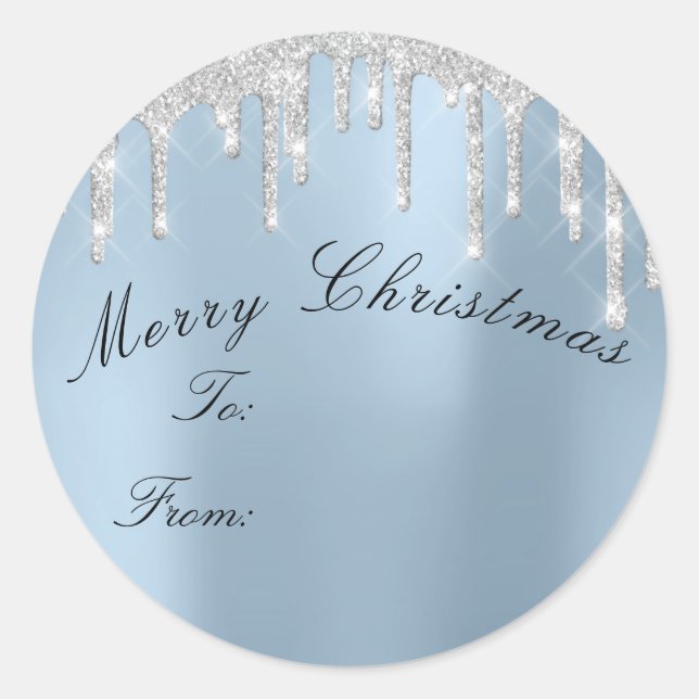 Merry Christmas To From Holidays Silver Smoky Blue Classic Round Sticker (Front)