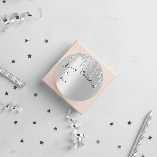 Merry Christmas To From Holidays Spark Drips Grey Classic Round Sticker (Merry Christmas To From Holidays Spark Drips Gray Classic Round Sticker)