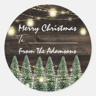 Merry Christmas To..From Name Rustic Tree Wood Classic Round Sticker