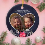 Merry Christmas to grandma heart photo cute Ceramic Ornament<br><div class="desc">Seasonal watercolor holy berry and pink poinsettia flower over a dark midnight navy blue chalkboard background making a beautiful keepsake ornament for grandma grandpa / grandparents. Personalize it with your photo inside a heart shape and with your name / text! It can make a thoughtful keepsake Christmas holiday gift for...</div>