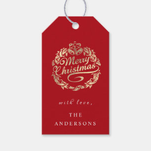 Merry Christmas To Name Wreath Royal Red Gold  Gift Tags